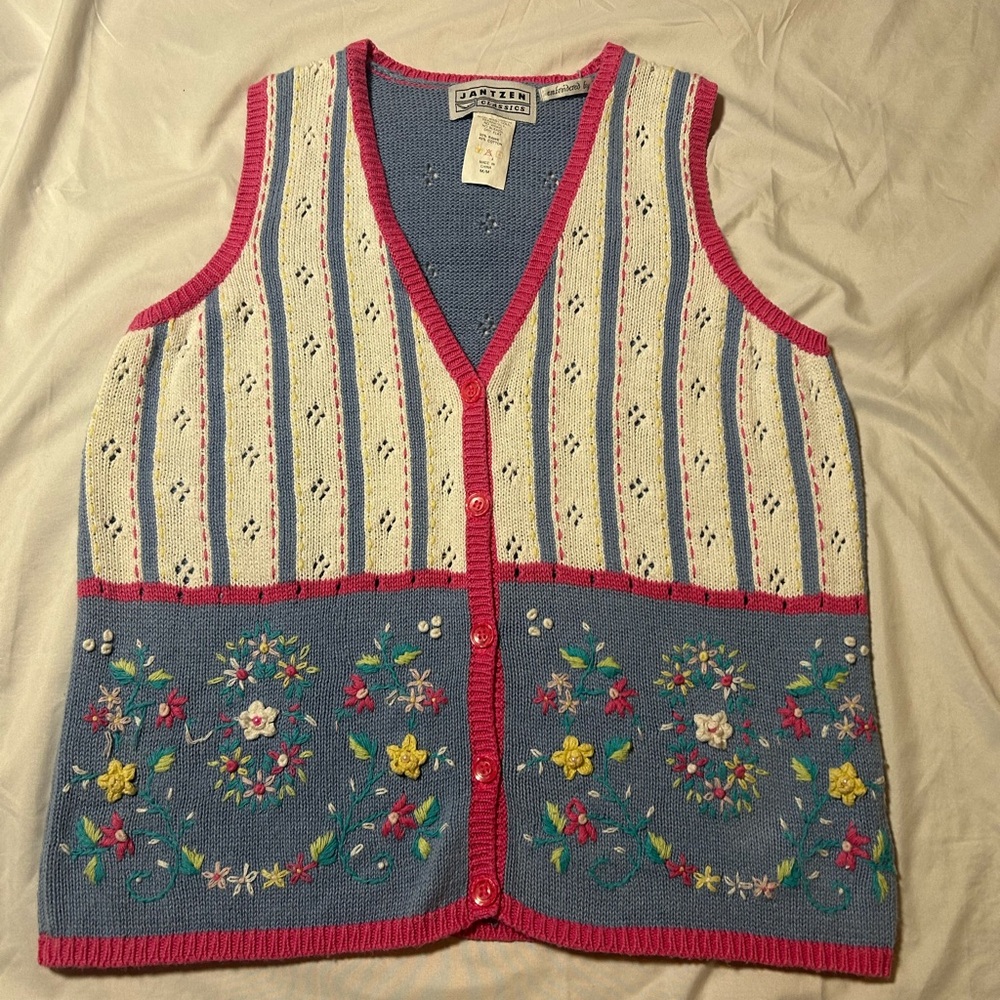 JANTZEN CLASSICS Womens M VTG Hand Embroidered Crocheted Vest Fairy Kei Cottage